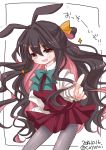  1girl :d black_hair dated fang hand_on_hip kantai_collection koyoi_(ruka) looking_at_viewer multicolored_hair naganami_(kantai_collection) open_mouth pointing pointing_at_viewer school_uniform sketch smile solo translation_request twitter_username two-tone_hair yellow_eyes 