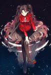  1girl arm_support blue_eyes breasts brown_hair crossed_legs fate/stay_night fate_(series) high_heels highres long_hair long_sleeves pantyhose sitting skirt smile solo star star_(sky) tohsaka_rin toosaka_rin twintails very_long_hair water yue_(pixiv4635680) 