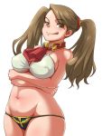  1girl bikini breasts brown_eyes brown_hair cravat crossed_arms detached_collar gundam gundam_build_fighters gundam_build_fighters_try hair_ornament halterneck large_breasts licking_lips long_hair looking_at_viewer lowleg lowleg_bikini navel sazaki_kaoruko simple_background skindentation solo suzu-batsu swimsuit twintails white_background 