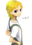  alex_(street_fighter) blonde_hair blue_eyes frogcage hands_in_pockets looking_back overalls short_hair solo street_fighter t-shirt younger 