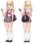  1girl aqua_eyes bag blonde_hair cellphone character_profile charm_(object) commentary_request crest handbag highres iphone loafers loose_necktie necktie original phone pleated_skirt red-p scrunchie shoes skirt sleeves_rolled_up small_breasts smartphone smile socks solo 