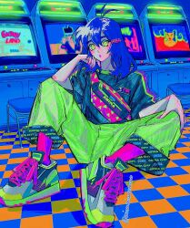  1girl :o antenna_hair arcade arcade_cabinet astro_city black_shirt blue_hair columns_(videogame) commentary fantasy_zone green_eyes green_pants green_shoes green_trim hair_between_eyes hand_on_own_chin hand_on_own_knee highres juuouki knees_up long_hair mullet neon_palette original pants parted_lips patterned_clothing pink_lips poririna purple_socks sega shirt shoes short_sleeves shoulder_strap sitting socks solo stool symbol-only_commentary text_hair_ornament tile_floor tiles twitter_username two-sided_pants unmoving_pattern virtua_fighter yuki_akira 