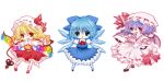  3girls :d ascot bat_wings blonde_hair blue_eyes blue_hair chibi cirno flandre_scarlet hat highres koyoi_(ruka) laevatein looking_at_viewer mary_janes mob_cap multiple_girls open_mouth outstretched_arms purple_hair red_eyes remilia_scarlet shoes short_hair smile spread_arms touhou wings 