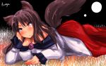  1girl animal_ears artist_name bare_shoulders breasts brooch brown_hair cleavage dress imaizumi_kagerou jewelry kamiya_(amamiko) large_breasts long_hair looking_away lying on_stomach red_eyes smile solo tagme tail touhou wolf_ears 