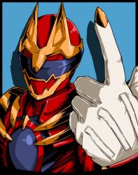  1boy armor assault_visor blue_background fatrimspam gloves gozyuwolf helmet highres no.1_sentai_gozyuger red_armor red_helmet simple_background solo super_sentai tokusatsu upper_body white_gloves 