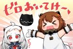  &gt;_&lt; 2girls :d ahoge alternate_costume brown_hair cosplay costume_switch dress fang hair_ornament hairclip horns ikazuchi_(kantai_collection) ikazuchi_(kantai_collection)_(cosplay) kantai_collection lee_(colt) long_hair mittens multiple_girls northern_ocean_hime northern_ocean_hime_(cosplay) open_mouth outstretched_arms pale_skin red_eyes shinkaisei-kan short_hair smile spread_arms translation_request white_dress white_hair xd 