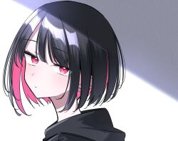  1girl black_hair black_hoodie blue_archive bob_cut colored_inner_hair hood hoodie ichiki_1 kazusa_(blue_archive) multicolored_hair no_animal_ears no_halo pink_eyes pink_hair solo two-tone_hair upper_body 