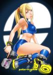  1girl alternate_costume crop_top daniel_macgregor gun metroid midriff samus_aran shorts solo sports_bra super_smash_bros. weapon 