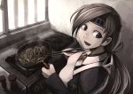  1girl apron brown_eyes brown_hair chitose_(kantai_collection) cooking hair_ribbon headband hetza_(hellshock) kantai_collection long_hair looking_back open_mouth ponytail ribbon smile solo stove window 