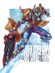  1boy absurdres armor blue_armor blue_eyes blue_helmet compound_eyes food full_body gavvgablade helmet henshin_belt_gavv highres holding holding_sword holding_weapon ice ice_cream ice_cream_cone kamen_rider kamen_rider_gavv kamen_rider_gavv_(blizzardsorbet_form) kamen_rider_gavv_(series) li_li_li_li_jun purple_armor solo sword tokusatsu weapon 