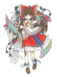  1girl ascot blue_ribbon bow brown_eyes brown_hair closed_mouth commentary_request danmaku detached_sleeves frilled_bow frills full_body gohei hair_bow hakurei_reimu highres holding holding_gohei holding_ofuda long_hair looking_at_viewer ofuda red_bow red_ribbon red_shirt red_skirt ribbon ribbon-trimmed_sleeves ribbon_trim shirt simple_background skirt sleeveless sleeveless_shirt smile socha socks solo touhou traditional_media white_background white_sleeves white_socks wide_sleeves yellow_ascot 