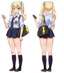  1girl alternate_color aqua_eyes bag blonde_hair cellphone character_profile charm_(object) commentary_request crest handbag highres iphone loafers loose_necktie necktie original phone pleated_skirt red-p scrunchie shoes skirt sleeves_rolled_up small_breasts smartphone smile socks solo 