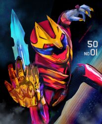  1boy arm_blade artist_name assault_visor black_background black_bodysuit bodysuit gozyuwolf helmet highres male_focus no.1_sentai_gozyuger obakelope0530 red_bodysuit red_helmet sentai_ring solo super_sentai tega_sword tokusatsu weapon 