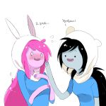  2girls adventure_time bite_mark black_hair blush cosplay fangs finn finn_(cosplay) grey_skin hood long_hair marceline_abadeer multiple_girls o_o pink_hair pink_skin princess_bonnibel_bubblegum six_(fnrptal1010) translation_request 