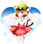  1girl angel_wings animal_ears brown_eyes brown_hair cat_ears cat_tail chen halo hat heart heart_tail solo tail takamoto_akisa thigh-highs touhou white_legwear wings 