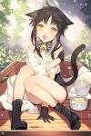  1girl animal_ears bare_shoulders bell black_gloves black_hair boots bow can cat_ears cat_tail cross-laced_footwear fangs gearous gloves lace-up_boots leaf legs open_mouth payot short_hair sita_vilosa sitting solo striped sword_girls tail vines yellow_eyes 