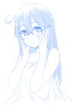  1girl bare_shoulders bespectacled glasses hair_between_eyes himura_kiseki kantai_collection long_hair looking_at_viewer monochrome naked_blanket open_mouth solo ushio_(kantai_collection) 