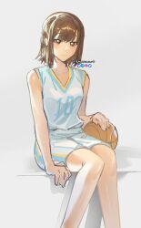  1girl absurdres ao_no_hako ball basketball_(object) brown_eyes brown_hair closed_mouth commentary highres kano_chinatsu knowname looking_at_viewer shirt short_hair shorts sidelocks sitting sleeveless sleeveless_shirt solo twitter_username white_shirt white_shorts 