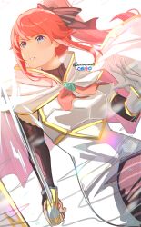  1girl absurdres armor black_bow black_pantyhose blue_eyes bluesky_logo bow breastplate cape dress gem gloves hair_bow highres holding holding_sword holding_weapon instagram_logo knowname long_hair looking_to_the_side pantyhose parted_lips ponytail re:zero_kara_hajimeru_isekai_seikatsu red_hair short_dress sidelocks solo sword theresia_van_astrea twitter_logo twitter_username weapon white_cape white_gloves 