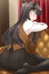  1girl ass black_legwear blush breasts brown_hair crossed_arms fate/stay_night fate_(series) feet green_eyes long_hair long_sleeves looking_back mikagami_sou pantyhose shiny shiny_hair sitting skirt solo tohsaka_rin toosaka_rin twintails two_side_up vest wariza 