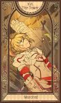  1girl armor blonde_hair blood fate/apocrypha fate_(series) heru_(goldprin) polearm ponytail saber_of_red solo spear tarot tower weapon 
