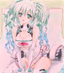  1girl blue_hair elbow_gloves gloves goodsmile_company goodsmile_racing green_eyes green_hair hatsune_miku headphones leotard looking_at_viewer marker_(medium) millipen_(medium) open_mouth pastel_(medium) racequeen ren_(endscape20) sitting solo thigh-highs traditional_media twintails vocaloid 