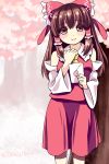  1girl bare_shoulders blush bow brown_eyes brown_hair cherry_blossoms detached_sleeves douji hair_bow hair_tubes hakurei_reimu letter solo touhou 