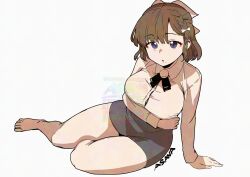  1girl asahi_(kancolle) asava_(hutaitenn) barefoot black_skirt braid breasts brown_hair character_name collared_shirt dress_shirt grey_eyes hair_ribbon highres kantai_collection large_breasts mole mole_under_mouth pencil_skirt ribbon shirt short_hair simple_background single_braid sitting skirt solo watermark white_background white_ribbon white_shirt yokozuwari 