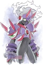  1boy armor black_bodysuit bodysuit cosplay cowboy_shot crescent_moon double_soul_(mega_man) eraseman.exe eraseman.exe_(cosplay) extra_eyes green_eyes helmet highres holding looking_at_viewer male_focus mask mega_man_(series) mega_man_battle_network_(series) mega_man_battle_network_6 megaman.exe moon mouth_mask netnavi purple_armor purple_helmet red_background red_moon simple_background solo to_i_to_io watermark white_background white_hair 
