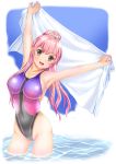  1girl arms_up brown_eyes competition_swimsuit feet_in_water long_hair one-piece_swimsuit original pink_hair ponytail reiji-sss soaking_feet standing swimsuit towel water 