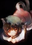  1girl animal_ears black_background brown_eyes brown_hair cat_ears cat_tail chen finger_to_mouth hat lying on_stomach solo tail takamoto_akisa touhou 