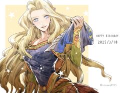  1girl birthday blonde_hair blue_eyes blue_shirt breasts celes_chere commentary_request dated final_fantasy final_fantasy_vi happy_birthday holding holding_scarf holding_unworn_clothes jacket long_hair long_sleeves looking_at_viewer medium_breasts nnnmmg0725 open_clothes open_jacket open_mouth parted_bangs puffy_sleeves scarf shirt smile solo star_(symbol) twitter_username upper_body yellow_jacket 