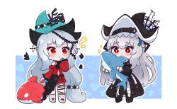  +_+ 2girls :o aqua_gloves aqua_hat arknights ascot black_ascot black_dress black_hat chibi chibi_only clothing_cutout commission commissioner_upload dress gloves grey_hair hat heart holding holding_stuffed_toy kurotofu long_hair long_sleeves looking_at_another looking_at_object multiple_girls non-web_source official_alternate_costume pointy_hat red_dress red_eyes skadi_(arknights) skadi_the_corrupting_heart_(arknights) smile specter_(arknights) specter_the_unchained_(arknights) stuffed_animal stuffed_shark stuffed_toy stuffed_whale two-sided_fabric two-sided_headwear very_long_hair white_background 