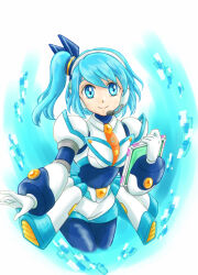  1girl armor blue_eyes blue_hair cowboy_shot headphones holding long_hair mega_man_(series) mega_man_x_(series) mega_man_x_dive rico_(mega_man) shorts side_ponytail simple_background skirt solo white_armor white_background white_shorts white_skirt yoshino-10292 