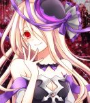  1girl blonde_hair breasts chisa cleavage hair_over_one_eye hat hat_ribbon long_hair looking_at_viewer pandora_(p&amp;d) purple_nails puzzle_&amp;_dragons red_eyes ribbon smile solo 