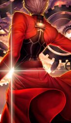  1boy archer_(fate) belt black_shirt clouds cloudy_sky commentary cowboy_shot fate/grand_order fate_(series) from_behind gears hands_out_of_frame jacket lasengle male_focus official_art red_belt red_jacket red_skirt red_theme shirt skirt sky solo third-party_source unlimited_blade_works_(reality_marble) white_hair 