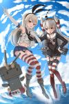  2girls amatsukaze_(kantai_collection) bare_shoulders black_panties blonde_hair blue_skirt blue_sky blush boots bow brown_dress brown_eyes choker dress elbow_gloves garter_straps gloves hair_between_eyes hair_bow hair_tubes hairband hand_on_hip headgear highleg highleg_panties highres kantai_collection long_sleeves looking_at_viewer machinery midriff miniskirt multiple_girls neckerchief ocean panties pleated_skirt pointing rabochicken red_legwear rensouhou-chan rensouhou-kun sailor_collar sailor_dress shimakaze_(kantai_collection) silver_hair single_glove skirt skirt_lift sky smile striped striped_legwear thigh-highs two_side_up underwear white_gloves 