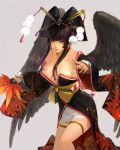  1girl bangs bird_wings black_hair black_wings blunt_bangs breasts cleavage dead_or_alive dead_or_alive_5 detached_sleeves dodon06 fan feathered_wings floral_print hair_ornament hair_stick hair_tubes hat holding japanese_clothes large_breasts lips long_hair long_sleeves nyotengu overskirt pink_eyes pom_pom_(clothes) silver_background simple_background solo tokin_hat wings 