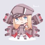  1girl absurdres bare_shoulders bismarck_(kantai_collection) blonde_hair blue_eyes blush character_name chibi detached_sleeves grey_legwear hat highres kantai_collection long_hair long_sleeves machinery military military_uniform no_nose peaked_cap seedflare silver_background simple_background solo thigh-highs turret uniform 