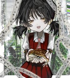  1girl absurdres animal black_hair collared_shirt commentary_request cowboy_shot dress gureru_(r_grey1204) hair_bobbles hair_ornament half-closed_eyes highres holding holding_animal kaai_yuki looking_at_viewer low_twintails necktie open_mouth outdoors pinafore_dress pleated_dress red_dress red_necktie shirt short_hair short_sleeves short_twintails sleeveless sleeveless_dress smile solo toad_(animal) twintails vocaloid white_shirt yellow_eyes 