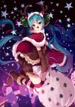  1girl animal_costume antlers aqua_hair bell boots cape christmas detached_sleeves green_eyes hair_bell hair_ornament hatsune_miku kneeling long_hair night red_nose reindeer_antlers reindeer_costume sack shuzi solo star striped striped_legwear thigh-highs twintails very_long_hair vocaloid 