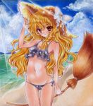  1girl beach bikini blonde_hair broom brown_eyes izumo_neko kirisame_marisa long_hair standing swimsuit touhou traditional_media 
