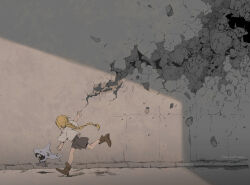  1girl animal_costume blonde_hair boots braid brown_boots commentary_request creature demizu_posuka grey_shorts long_braid original shark_costume shorts single_braid 