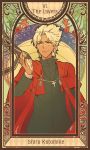  1boy dark_skin fate/apocrypha fate_(series) heru_(goldprin) kotomine_shirou solo stole tarot white_hair 