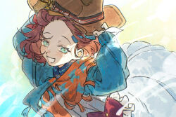  1girl :d arm_up bangs_blown_up blue_dress blue_eyes blue_scarf brimley_(reverse:1999) brown_hair brown_hat collared_dress dress fedora flutterpage hand_up hat highres holding holding_hat holding_unworn_clothes long_sleeves looking_at_viewer official_art orange_scarf reverse:1999 scarf short_hair smile solo two-tone_scarf upper_body 