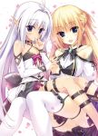  2girls bare_shoulders blonde_hair blue_eyes braid copyright_request french_braid long_hair looking_at_viewer multiple_girls open_mouth oryou pointy_ears purple_hair sitting sitting_on_lap sitting_on_person skirt smile thigh-highs violet_eyes white_legwear 