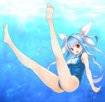  1girl blue_hair bow breasts bubble hair_bow highres i-19_(kantai_collection) kantai_collection long_hair okitsugu red_eyes school_swimsuit solo swimsuit underwater 