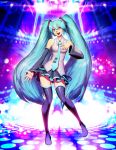  1girl blue_eyes blue_hair detached_sleeves full_body genzoman hatsune_miku long_hair necktie signature skirt solo stage thigh-highs twintails very_long_hair vocaloid 