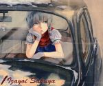  1girl braid car character_doll character_name chin_rest cigarette cigarette_box facing_viewer gan_ma gleam gloves izayoi_sakuya looking_away looking_to_the_side motor_vehicle mouth_hold puffy_short_sleeves puffy_sleeves rear-view_mirror scarf short_sleeves silver_hair sitting smoking snow solo touhou twin_braids vehicle white_gloves window 