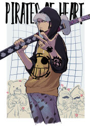  4boys arm_tattoo bepo black_hair black_sleeves blue_pants chikiso earrings facial_hair finger_tattoo fur_hat goatee hand_tattoo hat heart_pirates_jolly_roger highres holding holding_sword holding_weapon hood hood_up hoodie jewelry long_sideburns male_focus multiple_boys one_piece pants penguin_(one_piece) shachi_(one_piece) short_hair sideburns simple_background solo_focus standing sword tattoo trafalgar_law upper_body weapon white_background yellow_eyes yellow_hoodie 